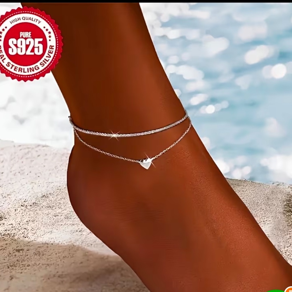 925 Silvery Double Strand Heart Anklet Bracelet.